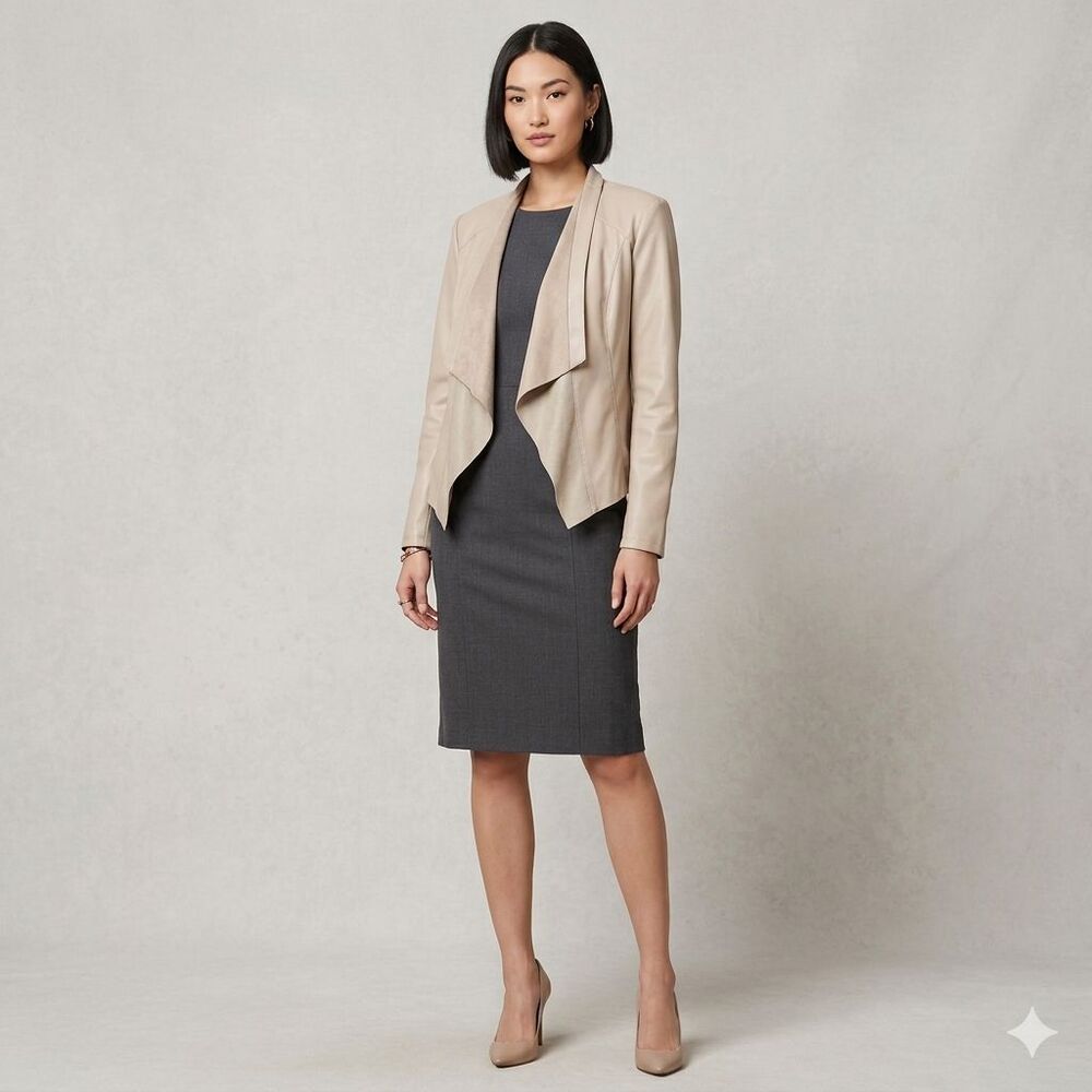 Blank NYC Beige Faux Leather Open Draped Front Jacket Womens Size Medium